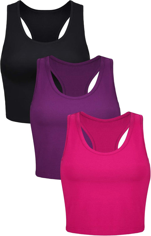 3 Pieces Crop Tops for Women, Workout Tops Basic Cropped Tank Tops Sleeveless Racerback Sports Gym Crop Tank for Teen Girls (Black, Purple, Rose Red, Small)