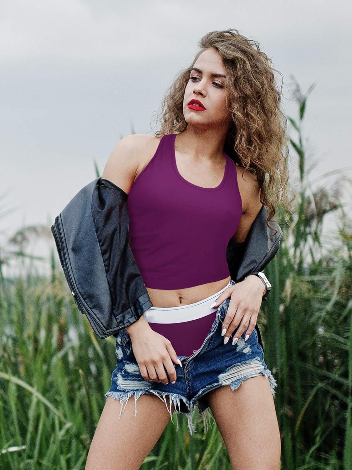 3 Pieces Crop Tops for Women, Workout Tops Basic Cropped Tank Tops Sleeveless Racerback Sports Gym Crop Tank for Teen Girls (Black, Purple, Rose Red, Small)